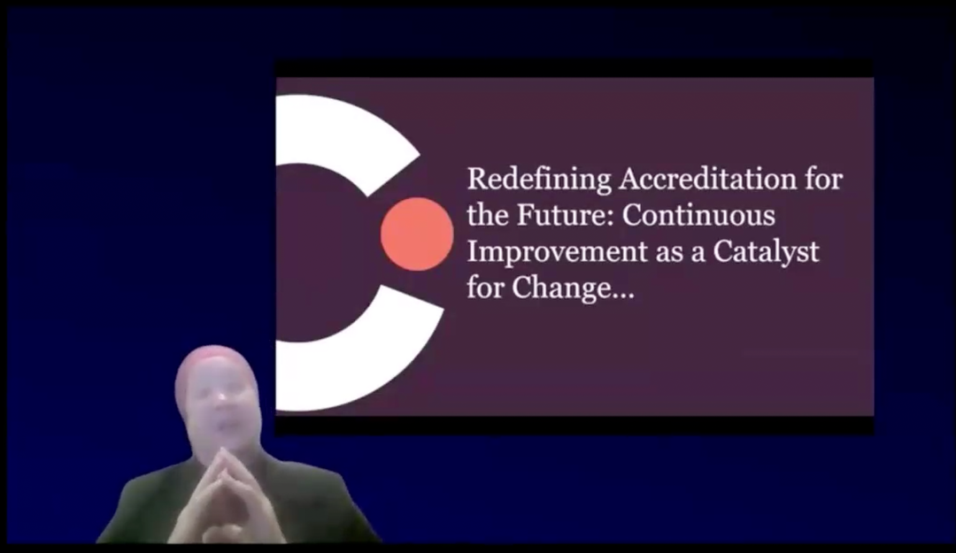 Teresa Atwa presenting on accreditation and continuous improvement