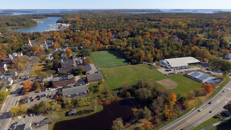 Aerial view of North Yarmouth Academy and its athletics fields in Yarmouth, Maine